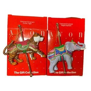 Vtg AVON Carousel Christmas Ornaments Exotic Tiger Regal Elephant Circus w/Boxes